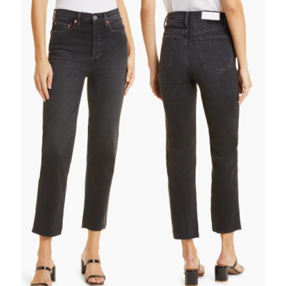 Re/Done 70" Ultra High Waist Raw Hem Stovepipe Cropped Jeans Dusty Char Size 27